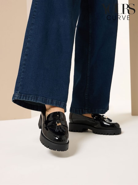 Yours Curve Black Wide Fit Patent Tassel Loafers (H91660) | £37
