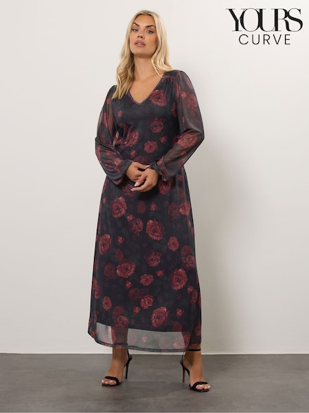 Yours Curve Black Mesh Balloon Sleeve Dress (H91679) | £39