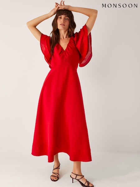 Monsoon Red Patricia Ruffle Sleeve Midi Dress (H91703) | £160