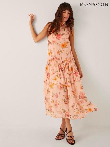 Monsoon Pink Cassia Floral Print Midi Dress (H91717) | £90