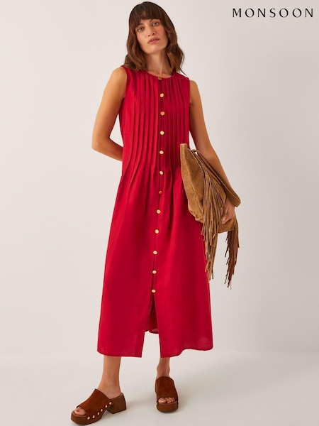 Monsoon Red Monica Sleeveless Pleated Midi Dress (H91723) | £85