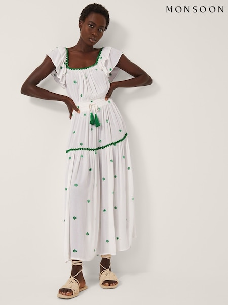 Monsoon White Isabelle Embroidered Square Neck Midi Dress (H91731) | £75