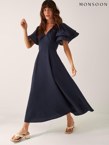 Monsoon Blue Patricia Ruffle Sleeve Midi Dress (H91741) | £160