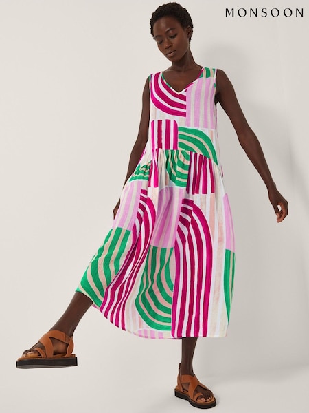 Monsoon Natural Georgia Sleeveless Stripe Midi Dress (H91757) | £75