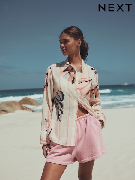 Pink/Cream Shell Print Relaxed Long Sleeve Shirt With Linen (H91812) | £32