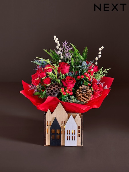 Red Rose and Eryngium Fresh Flower Bouquet with Lights in Christmas Box (H91859) | £40