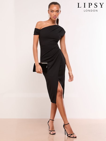 Lipsy Black Petite Off The Shoulder Gathered Waist Midi Dress (H91939) | £70