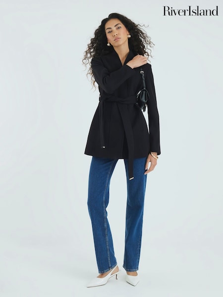 River Island Black Short Belted Wrap Coat (H92175) | £69