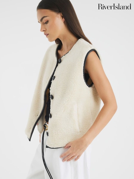 River Island Cream Borg Button Down Gilet (H92179) | £59
