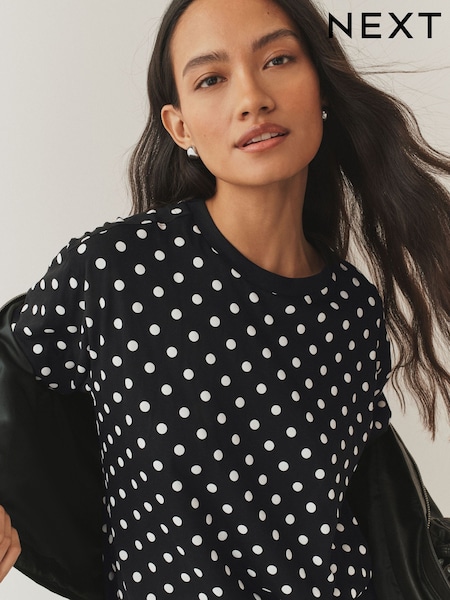Black/White Polka Dot Relaxed Boxy Elbow Length Crew Neck T-Shirt (H92265) | £12