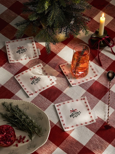 Sophie Allport Off White Mistletoe Embroidered Drink Napkins Set of 4 (H92390) | £17