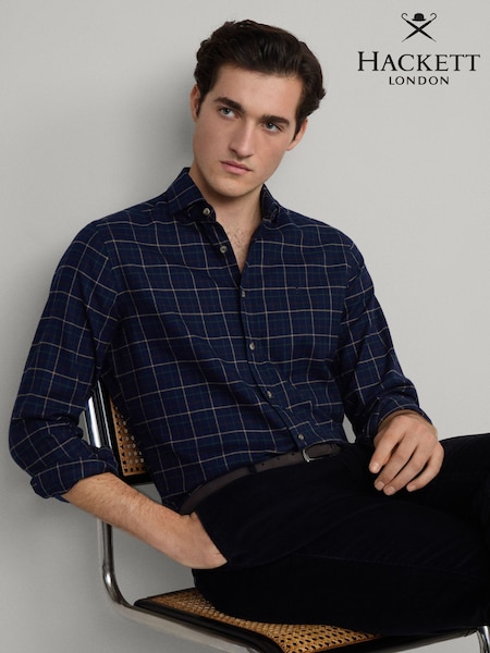 Hackett Tailored Fit Navy Blue Flannel Tattersall Shirt (H92453) | £140