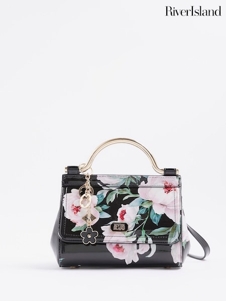 River Island Black Floral Print Metal Handle Mini Tote Bag (H92488) | £36