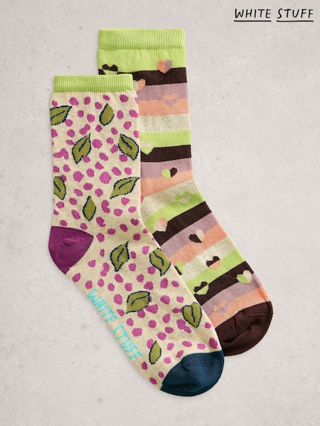 White Stuff Green 2 Pack Multi Print Ankle Socks (H92943) | £10