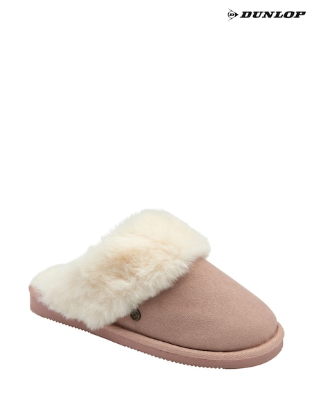 Dunlop Pink Faux Suede Mule Slippers Fur Collar (H93297) | £20