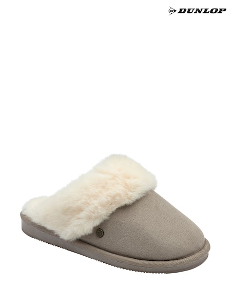 Dunlop Grey Faux Suede Mule Slippers Fur Collar (H93303) | £20
