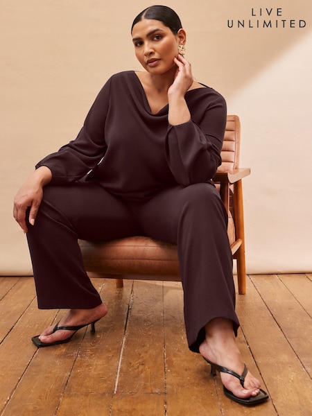 Live Unlimited Brown Curve Chocolate Button Detail Wide Leg Trousers (H93416) | £79
