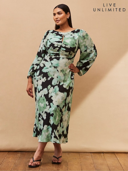 Live Unlimited Green Curve Floral Print Ruched Maxi Dress (H93433) | £99