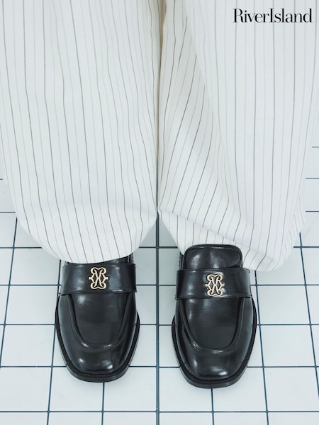 River Island Black Heeled Loafers with trim (H93596) | £36