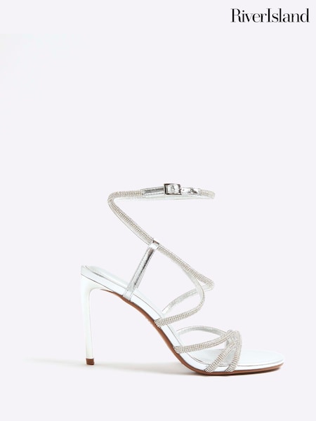 River Island Silver Diamante Strap Heeled Sandals (H93605) | £46