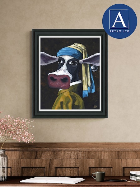 Artko Black Cow With A Pearl Earring By Geoff Beckett Framed Art (H93942) | £90