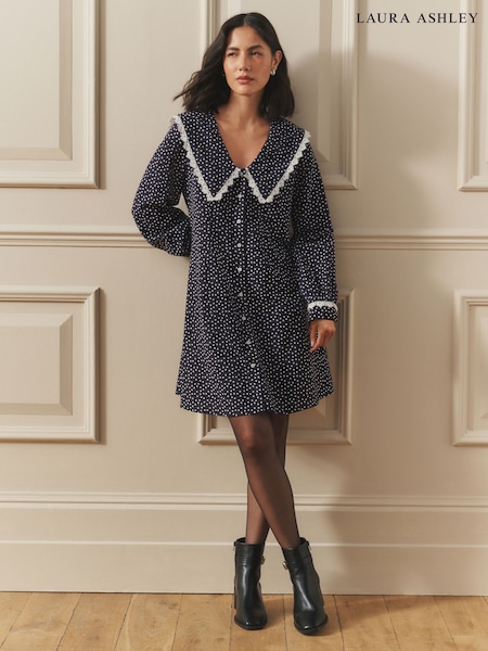 Laura Ashley Navy Spot Sailor Collar Mini Dress With Linen (H94235) | £48