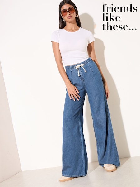 Friends Like These Mid Wash Tie Waist Pleat Front Wide Leg Jeans (H94273) | £40