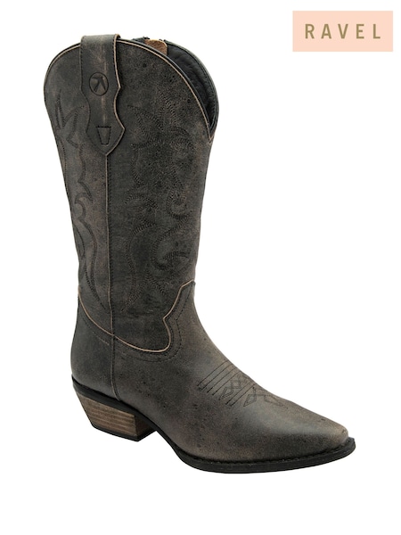 Ravel Black Leather Cowboy Boots on a Western Heels (H94361) | £125