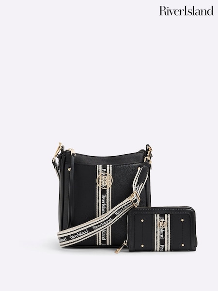 River Island Black Webbing Messenge Bag And Purse Bundle (H94425) | £46