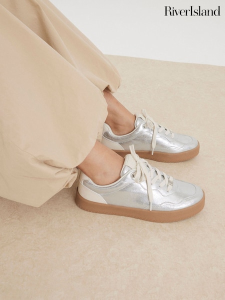 River Island Silver Lace-Up Platform Trainers (H94441) | £38