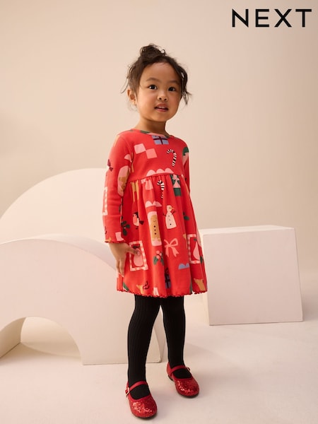 Red Long Sleeve Christmas Dress (3mths-7yrs) (H94500) | £7 - £9