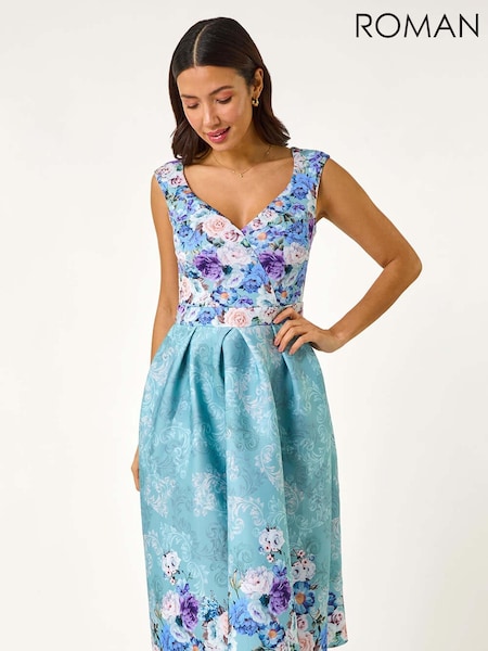 Roman Blue Sweetheart Floral Print Midi Dress (H94569) | £70