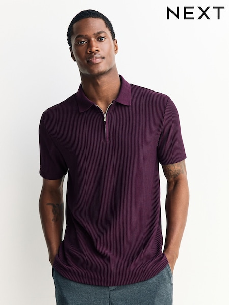 Purple Textured Smart Zip Neck Polo Shirt (H94570) | £28