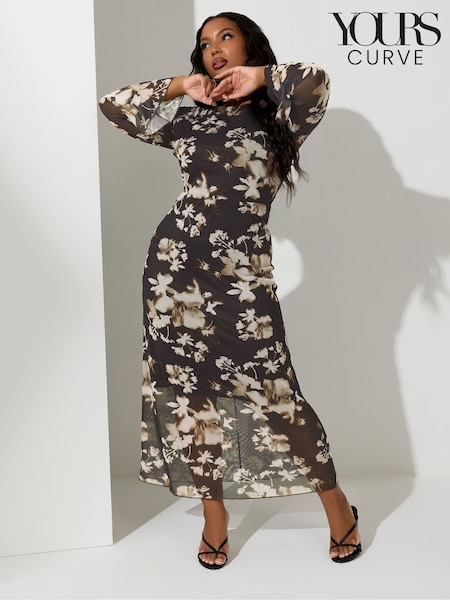Yours Curve Natural London Floral Print Long Sleeve Mesh Maxi Dress (H94600) | £53