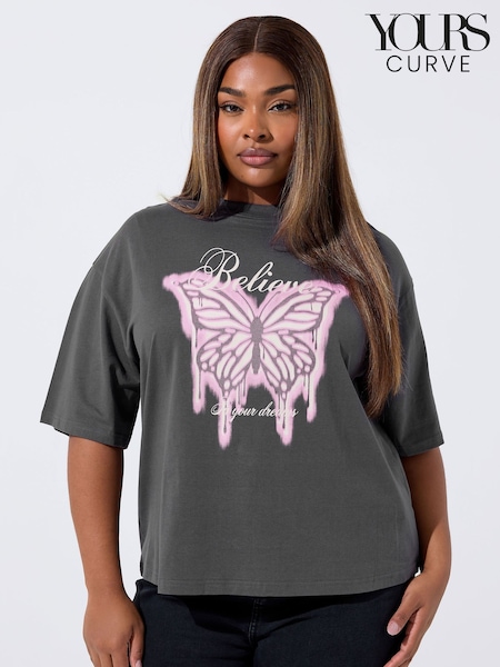 Yours Curve Black Limited Butterfly Believe T-Shirt (H94621) | £20