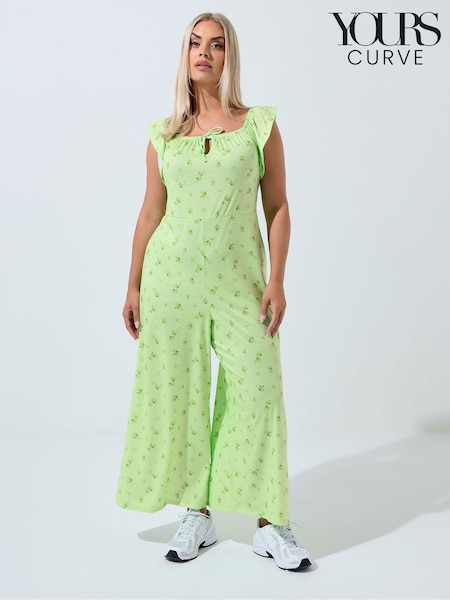 Yours Curve Green Limited Frilled Sleeve Bardot Jumpsuit (H94635) | £37