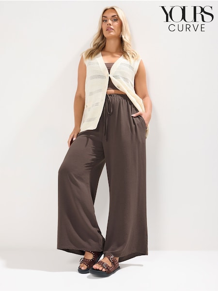 Yours Curve Brown Washed Twill Wide Leg Trousers (H94639) | £29