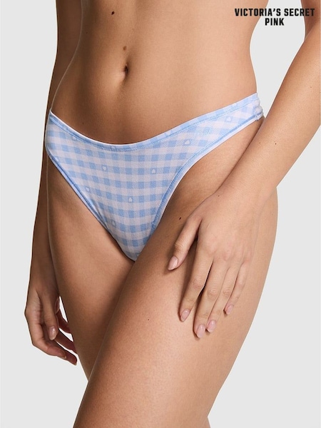 Victoria's Secret Pink Blue Gingham Print Thong Cotton Knickers (H94759) | £10