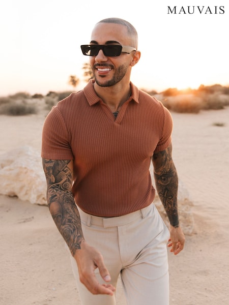 MAUVAIS Brown Elysee Ribbed Revere Polo (H94901) | £39