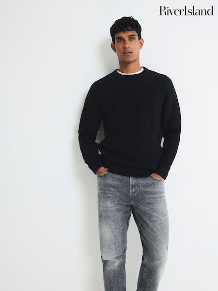 River Island Black Slim Fit Ribbed Crew Neck Jumper (H95092) | £32