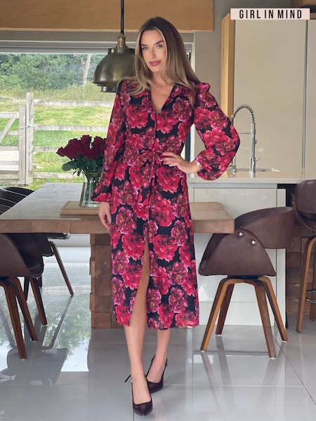 Girl In Mind Black Kaya Bold Floral Print Chiffon Shirt Dress (H95250) | £55