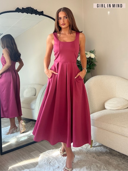 Girl In Mind Brown Erica Square Neck Pleated Midi Dress (H95258) | £52