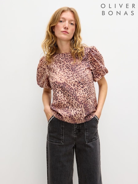 Oliver Bonas Brown Animal Print Puff Sleeve Top (H95845) | £55