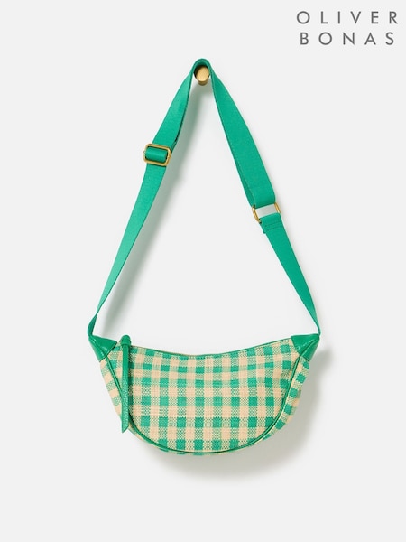 Oliver Bonas Green Betty Checked Straw Weave Belt Bag (H95852) | £52