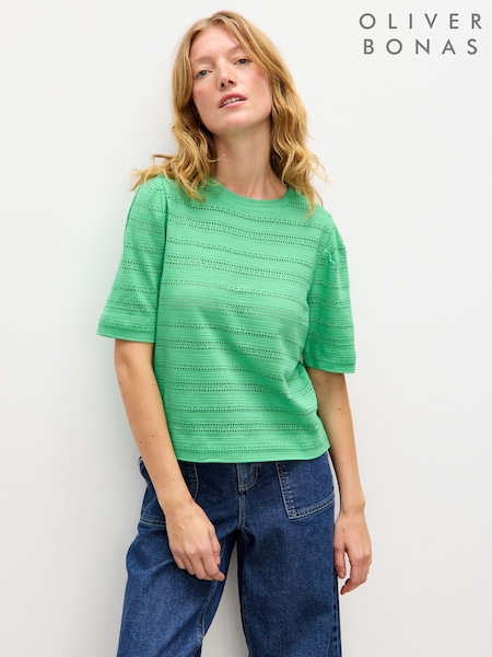 Oliver Bonas Green Pointelle Striped T-Shirt (H95854) | £38