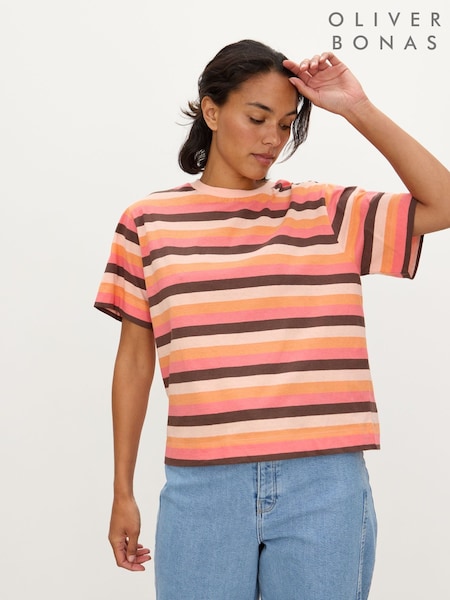 Oliver Bonas Orange Chocolate Brown Striped T-Shirt (H95856) | £38