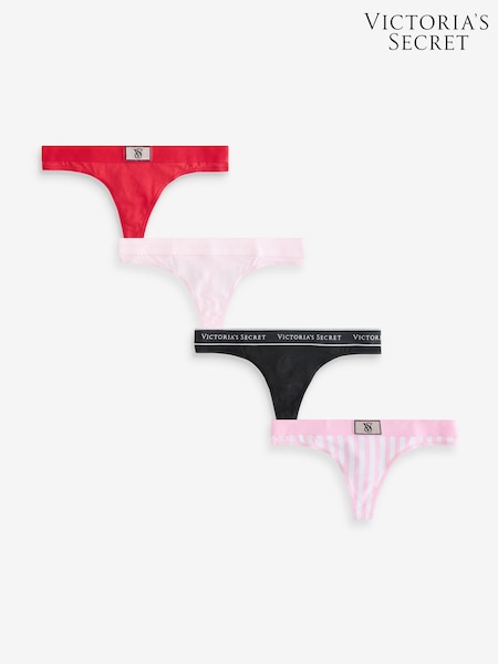Victoria's Secret Black/Pink/Red/Shine Thong Logo 4 Pack Knickers (H96076) | £26