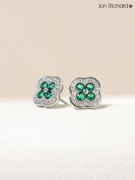 Jon Richard Silver Plated Crystal and Emerald Clover Studs Earrings (H96223) | £15