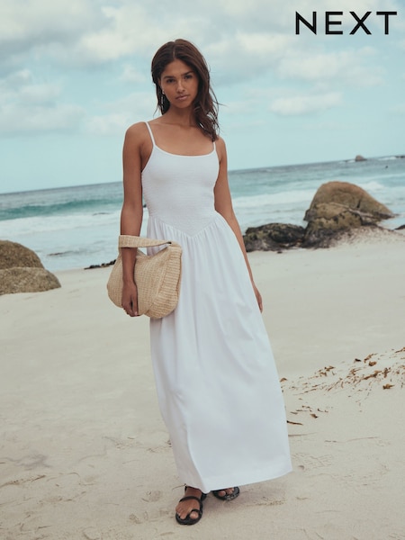 White Maxi Square Neck Shirred Strappy Dress (H96676) | £24