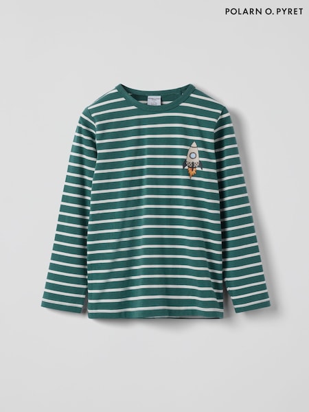 Polarn O. Pyret Green Cotton Striped Rocket Applique Top (H96717) | £24